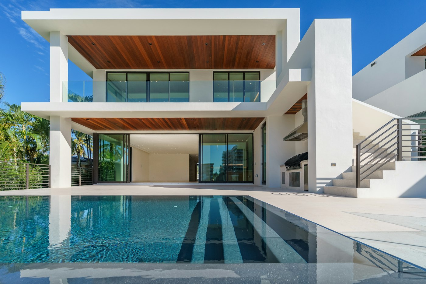 Modern mansion exterior at twilight